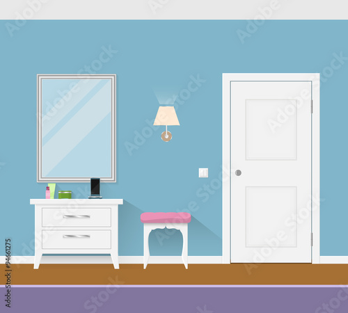 Modern interior hallway with door, mirror and pouf.