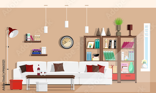 Cool graphic living room interior design with furniture: sofa, chairs, bookcase, table, lamps. Flat style vector illustration.