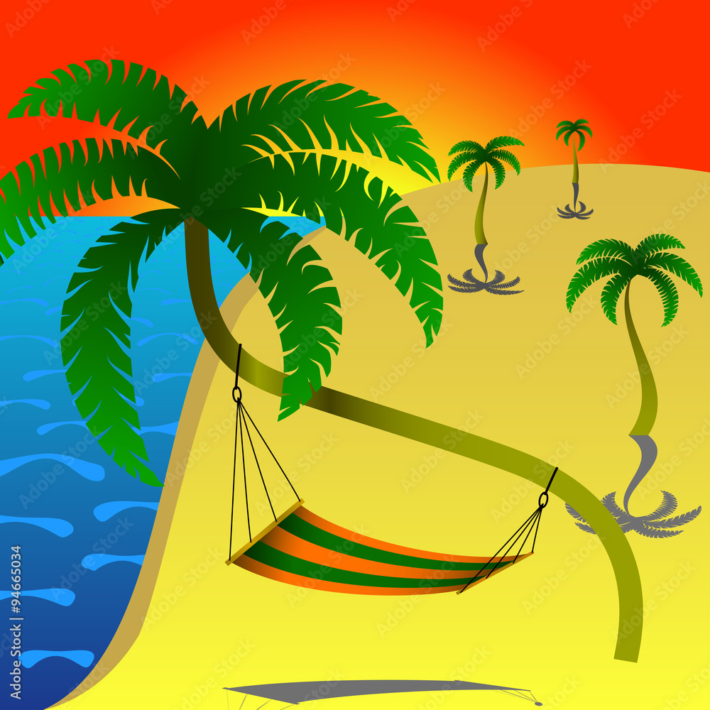 Hammock on palm. hammock is the place for rest on the beach in summer Hammock on palm. hammock is the place for rest on the beach in summer