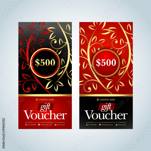 Gift Voucher, Gift certificate, Coupon template. Gold, Red and black color versions. Vector illustration.
