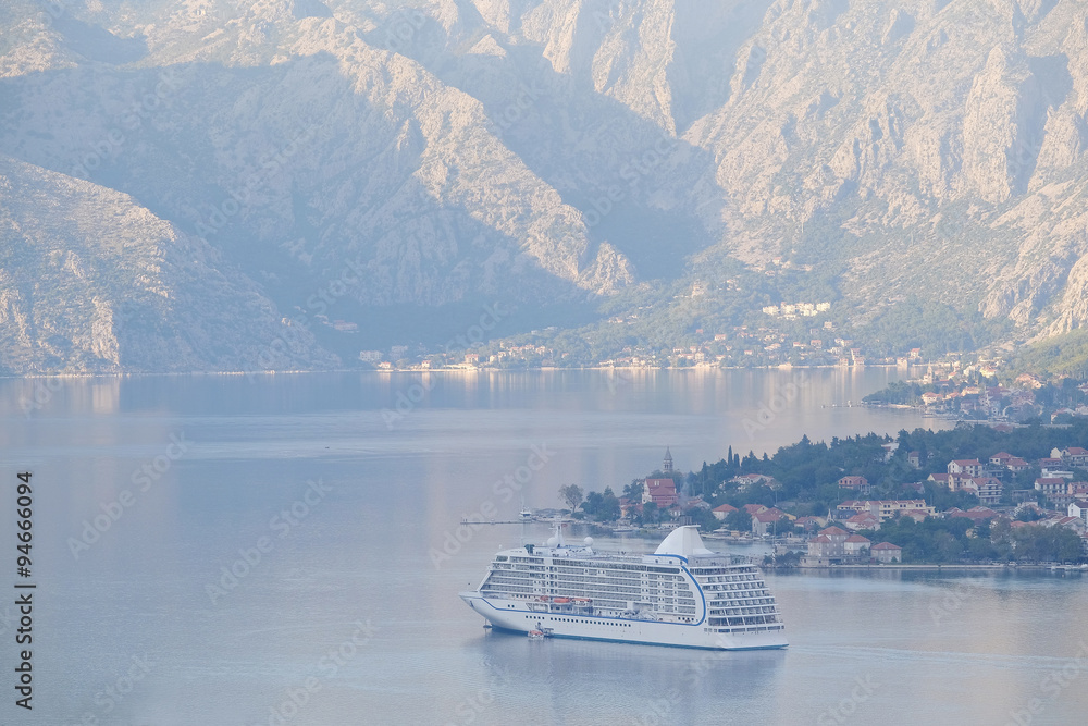 Landscape with the image of cruise liner in Kotor Bay, Montenegro