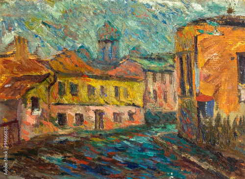 Beautiful Original Oil Painting Chernivtsi city street in bright colors  On Canvas © slava_samoilenko