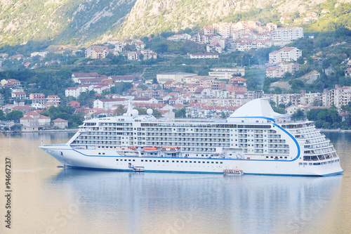 Landscape with the image of cruise liner in Kotor Bay  Montenegro