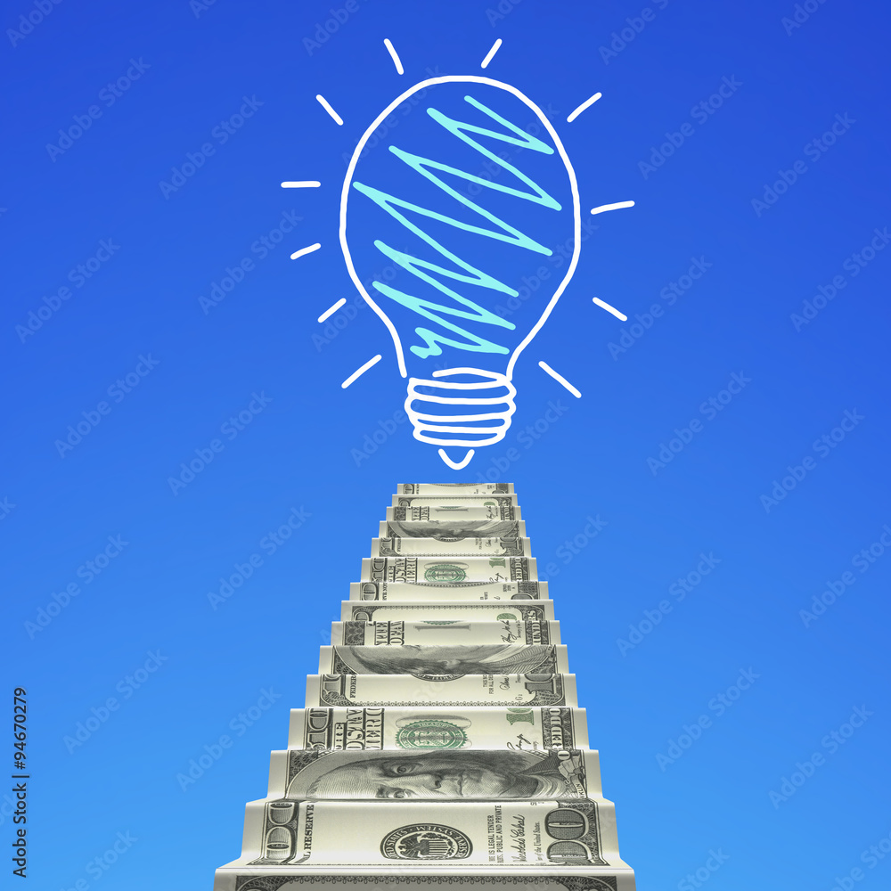 Money stairs toward light bulb Money stairs toward light bulb