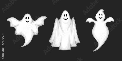 Set of three vector white ghosts isolated on a black background.