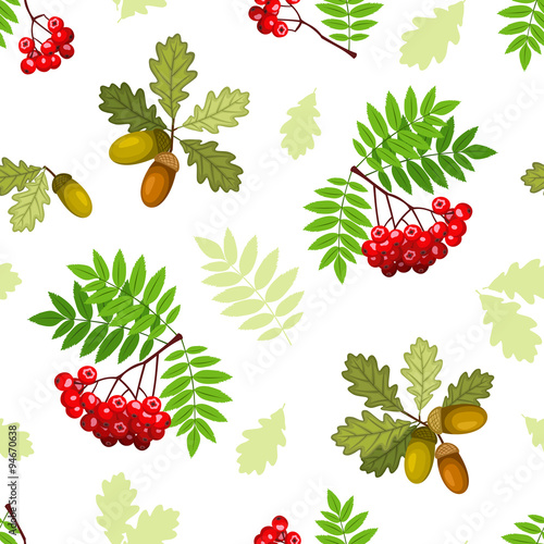 Fototapeta Naklejka Na Ścianę i Meble -  Vector seamless pattern with oak and rowan branches, leaves and berries on a white background.