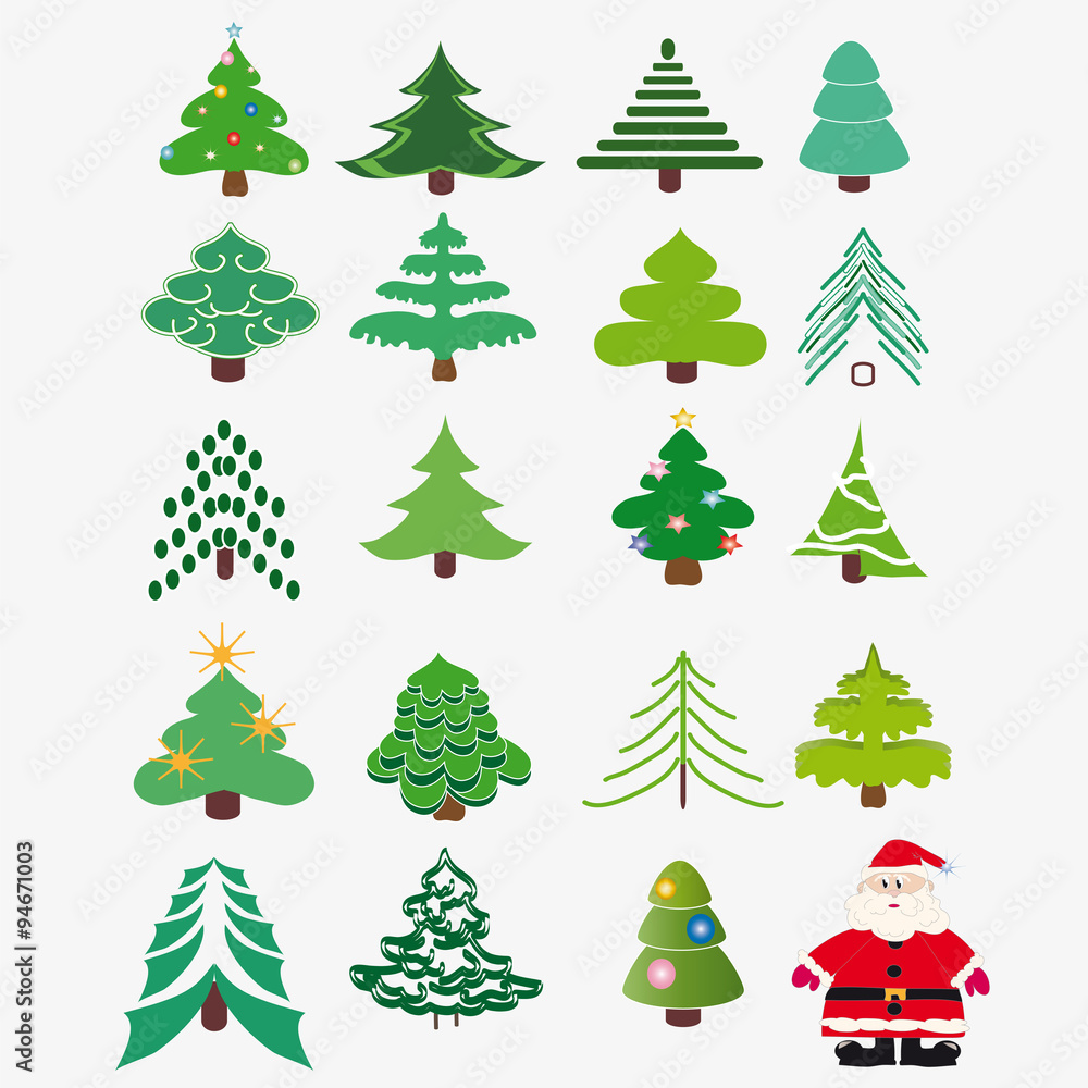 Collection of Christmas trees + Santa Claus