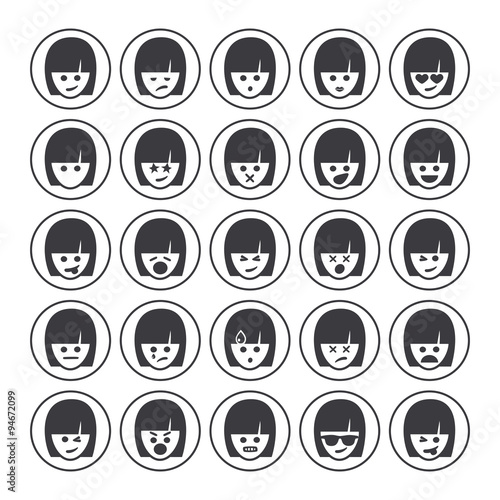 Set of different woman emoticons vector. Emoji icons representing lots of reactions, personalities and emotions
 photo