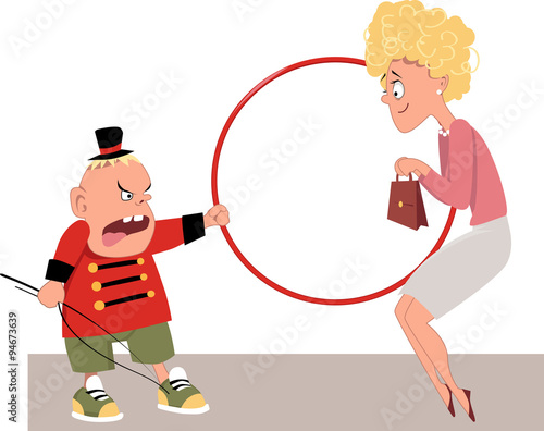 Spoiled child in a lion tamer costume making his  Mom jump through a hoop, EPS 8 vector illustration