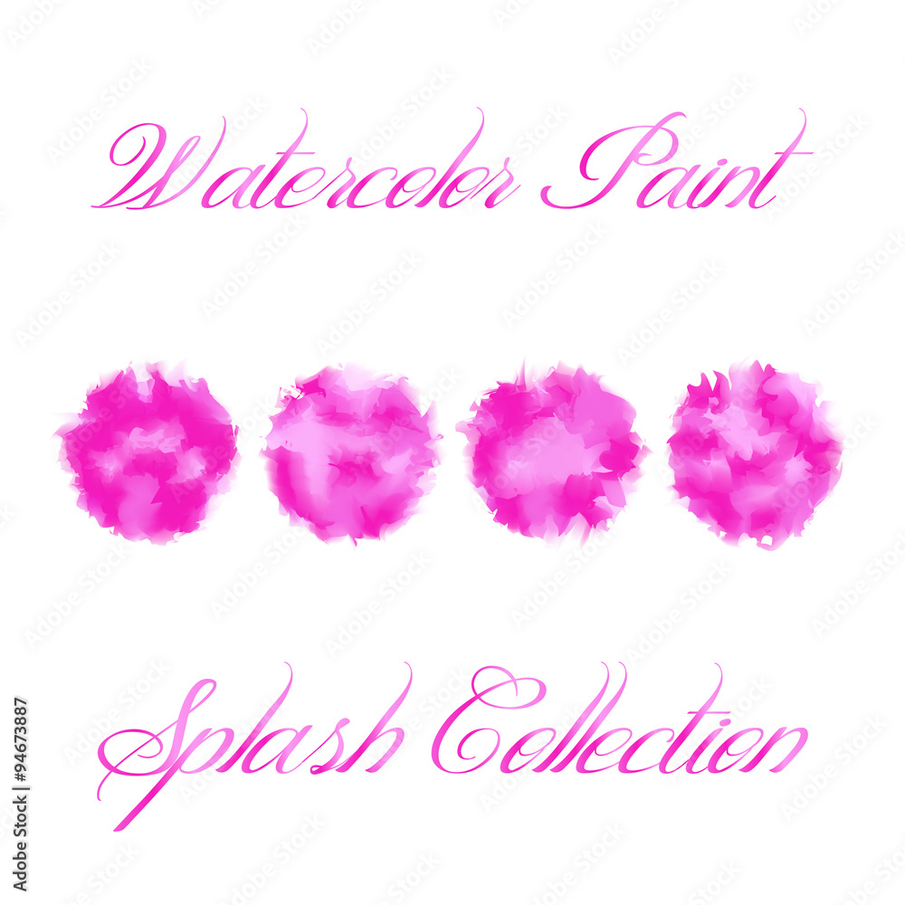 Watercolor paint splash vector collection in purple and pink colors. Set of ink stain texture isolated on white background. Paint brush texture in four different combination of feminine colors. 