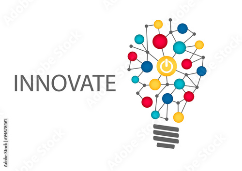 Innovate business concept background. Light bulb with power on button as symbol for innovation