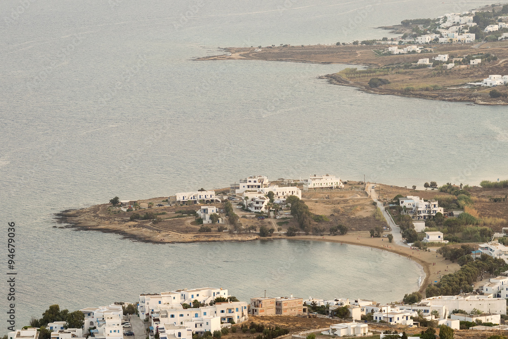 Architecture of Paros island in Greece. View from mountain.
