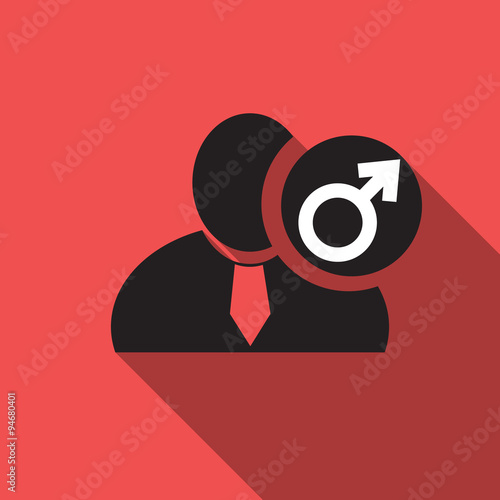 Male gender black man silhouette icon on the red vintage background, long shadow flat design icon for forums or web