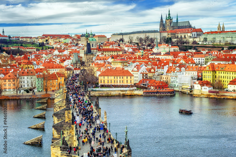 Fototapeta premium Panorama of Prague with the Castle, Charles Bridge, Vltava river