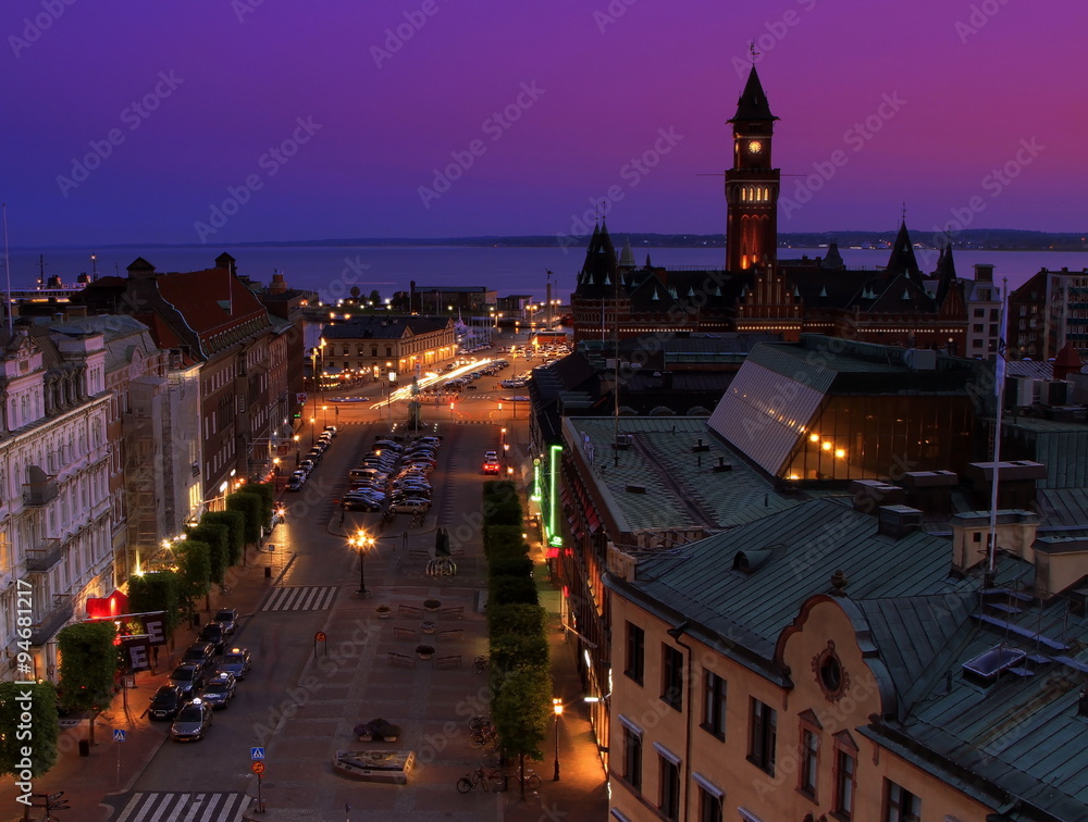 Naklejka premium Panorama of night Helsinborg, Sweden