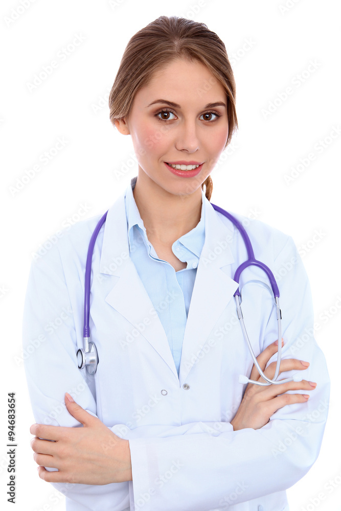 Friendly smiling young female doctor, isolated over white background Friendly smiling young female doctor, isolated over white background