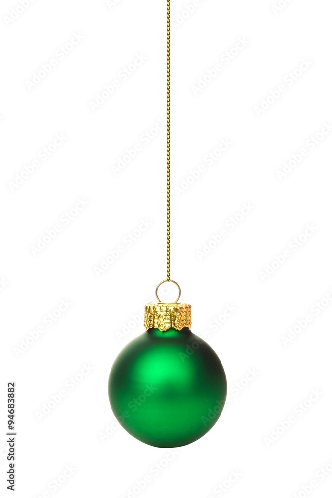 Single hanging green Christmas ornament isolated on white - obrazy, fototapety, plakaty 
