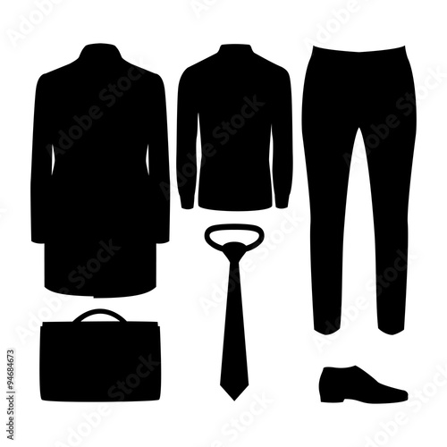 Set of black silhouette trendy men's clothes with coat, shirt, trousers and accessories. Men's wardrobe. Vector illustration
