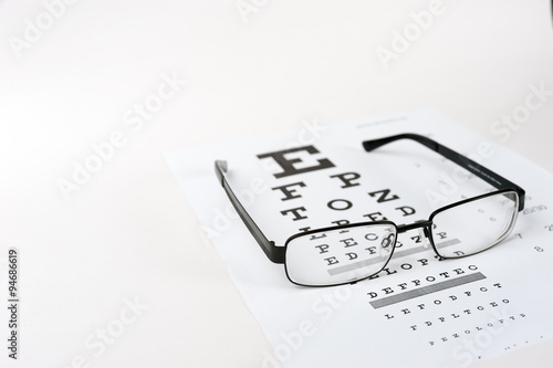 Eye glasses on eyesight test chart background close up