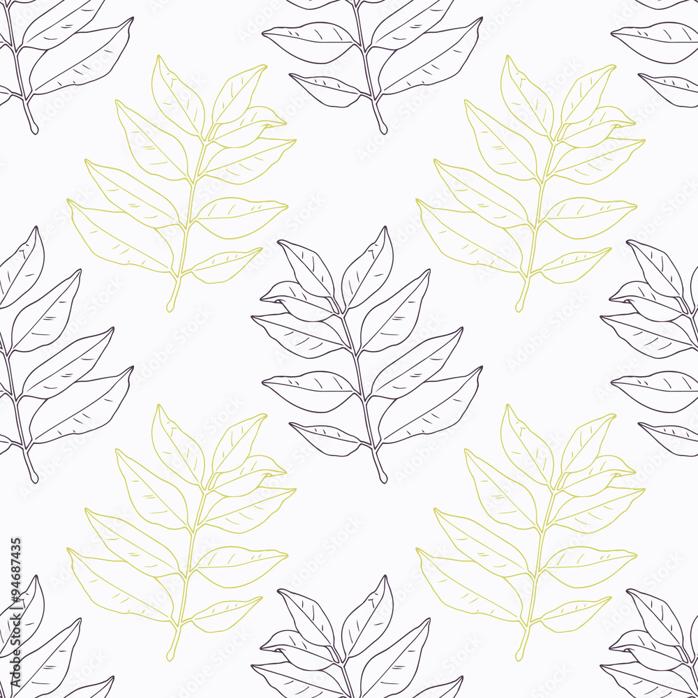 Hand drawn curry leaves and branch outline seamless pattern Hand drawn curry leaves and branch outline seamless pattern