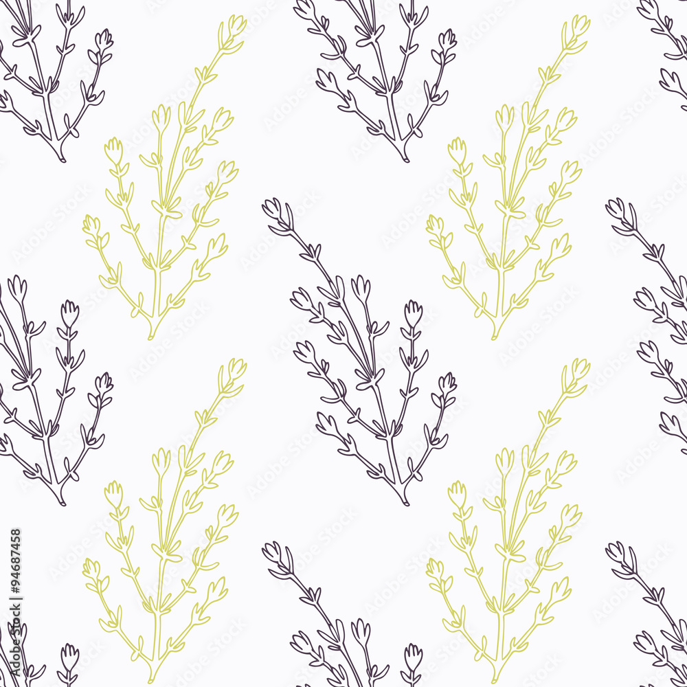Hand drawn thyme branch stylized black and green seamless pattern