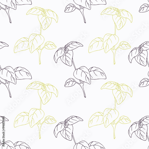 Hand drawn basil branch stylized black and green seamless pattern