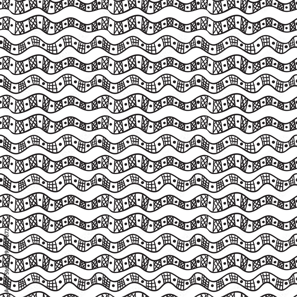 Abstract seamless pattern from waves, circles and stripes. 