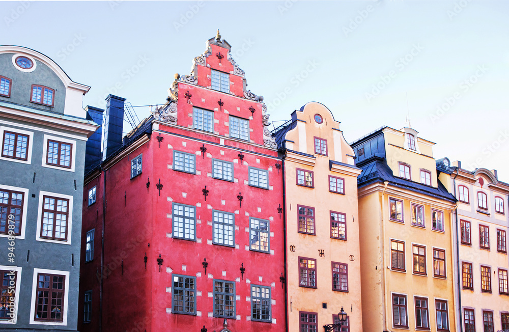 The famous buildings in the central square of Gamla Stan, Stockholm.