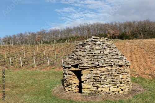 Ancient stone hut in the vineyards of Beaujolais, France photo