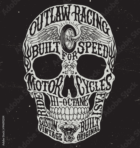 Motorcycle inspired typography skull vector illustration.