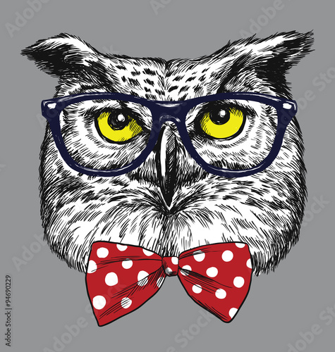 Hipster Owl with glasses and bow tie. Glasses and tie are separated.