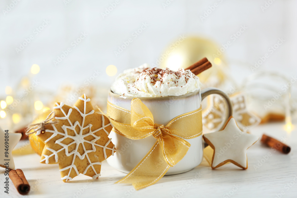 Beautiful composition with cup of cappuccino and Christmas cookies Beautiful composition with cup of cappuccino and Christmas cookies