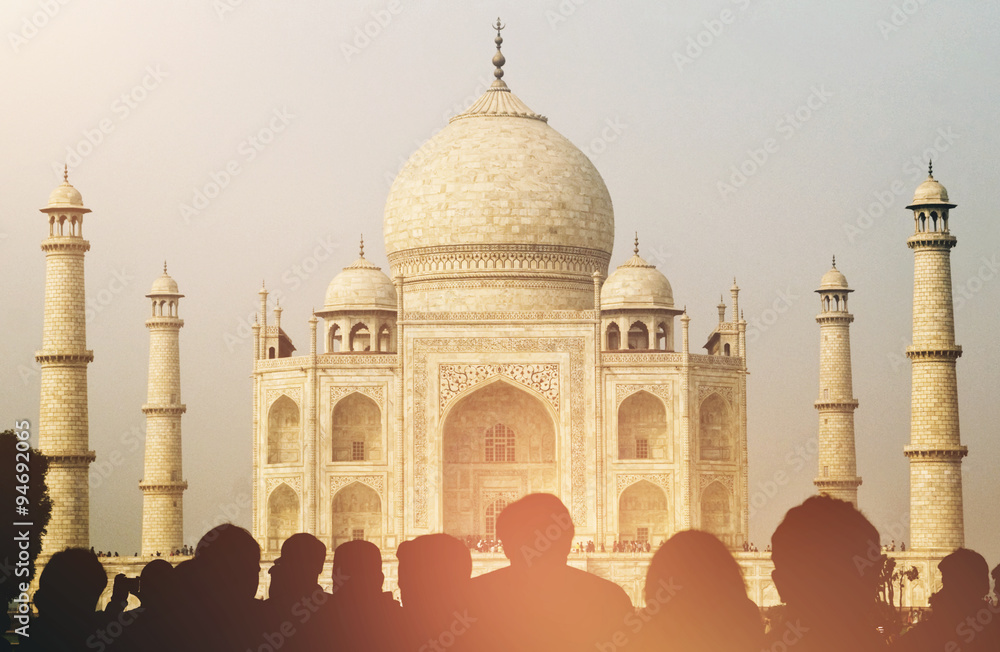 View Of Taj Mahal With Tourist Silhouettes Concept