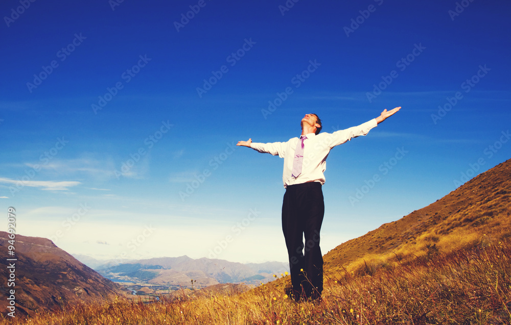 Business Man Standing On The Mountains Concept Business Man Standing On The Mountains Concept