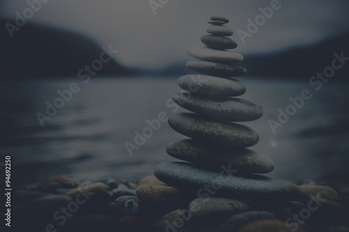 Zen Balancing Pebbles Misty Lake Stone Stack Tranquil Concept