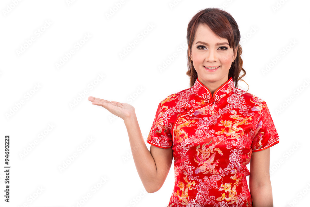 Asian Chinese girl greeting in Traditional Chinese, Welcome, Guest, chinese new year Asian Chinese girl greeting in Traditional Chinese, Welcome, Guest, chinese new year
