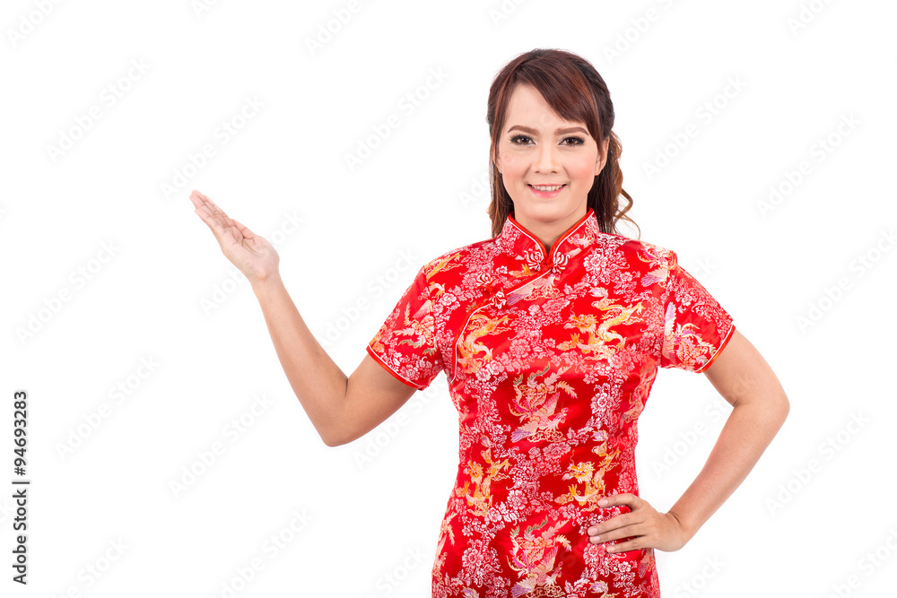 Asian Chinese girl greeting in Traditional Chinese, Welcome, Guest, chinese new year Asian Chinese girl greeting in Traditional Chinese, Welcome, Guest, chinese new year