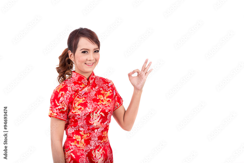 Asian Chinese girl greeting in Traditional Chinese , chinese new year, enjoy, happy, ok success