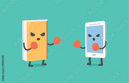 Book and smart phone wearing boxing gloves and then face to face ready to fighting.