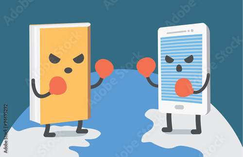 Book and smart phone wearing boxing gloves standing on the world and then face to face ready to fighting.