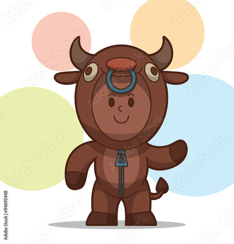 Vector Kid in the animal costume  bull. Cartoon image of a kid in a bull costume brown color on a colorful background.