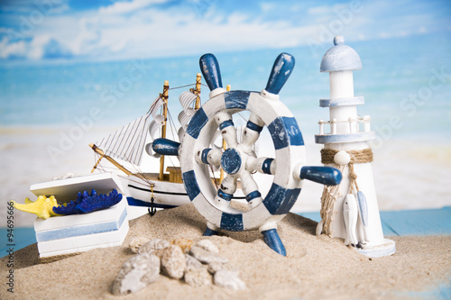 Lighthouse, beach, ship 