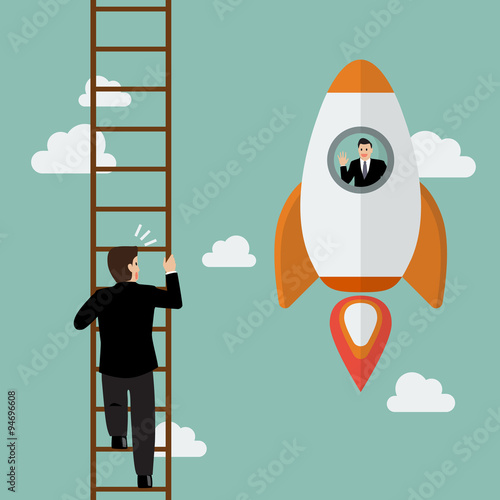 Businessman in hot air balloon fly pass businessman climbing the
