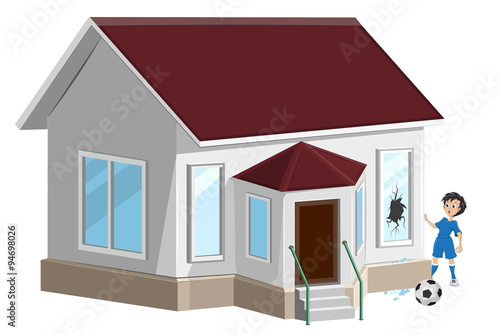 Broken window. Boy soccer player ball broke window. Property insurance