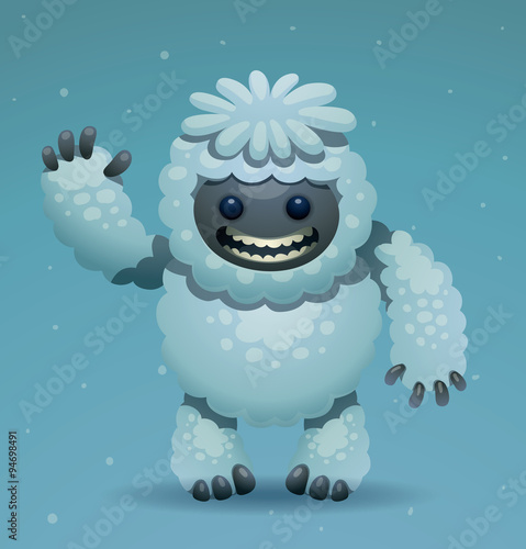 Vector Cute smiling Yeti. Cartoon image of a white cute smiling Yeti on a snowy light blue background. In the theme of Christmas and New Year.