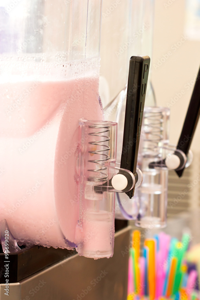 Close up of strawberry milkshake making machine. Close up of strawberry milkshake making machine.