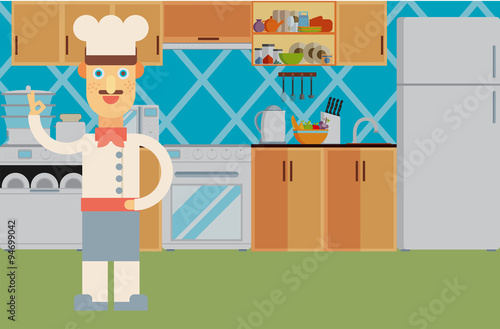 Happy chef at the kitchen interior. Flat illustration.