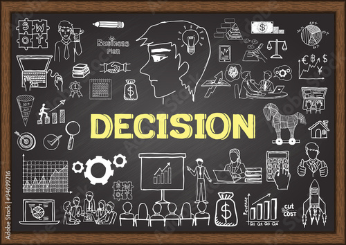 Business doodles about decision on chalkboard