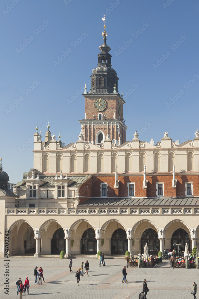 Poland, Krakow, Main Market, Sukiennice, Town Hall Tower, Midday