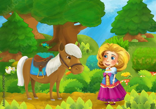 Fototapeta Naklejka Na Ścianę i Meble -  Cartoon forest scene with princess and her horse - illustration for the children